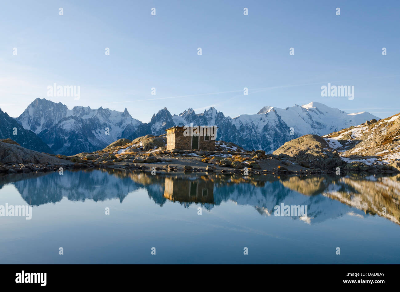 Lac Blanc, Mont Blanc e Aiguilles de Chamonix, Chamonix Alta Savoia, sulle Alpi francesi, Francia, Europa Foto Stock