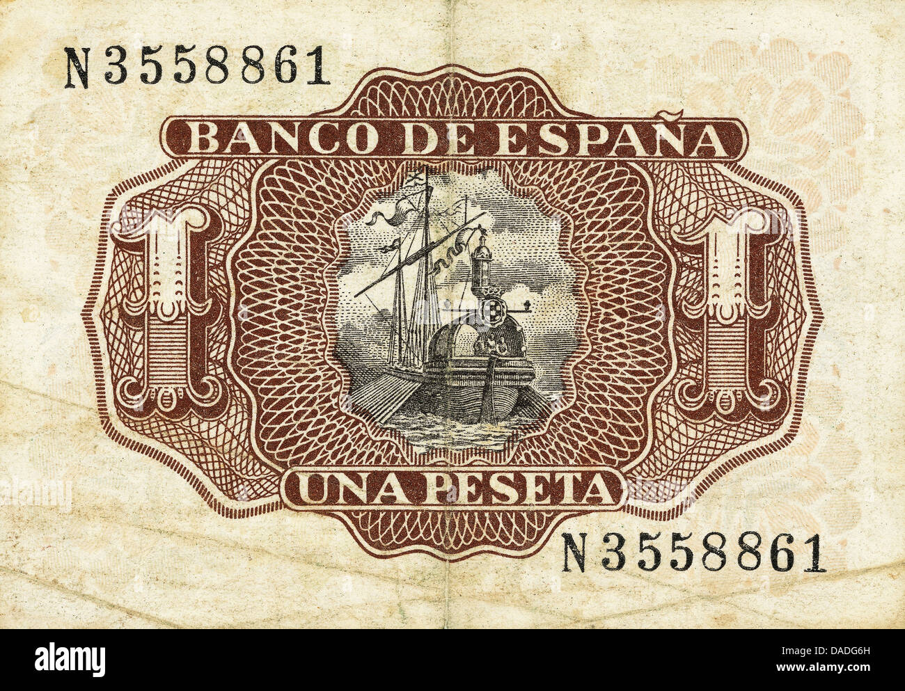 Bill di una peseta del 1953. La retromarcia. Spagna. Foto Stock