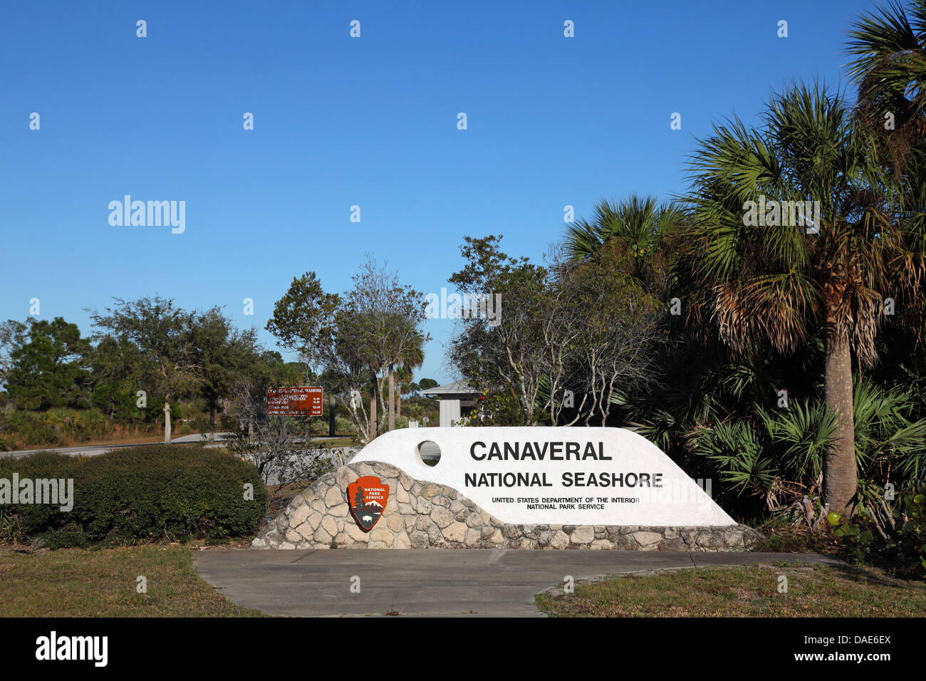 L'ingresso alla zona di conservazione "Canaveral National Seashore', STATI UNITI D'AMERICA, Florida, Merritt Island Foto Stock