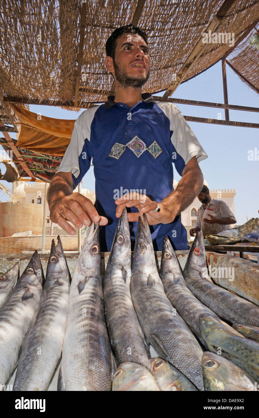 Fish monger presso il mercato del pesce è orgogliosa di presentare i suoi beni, Egitto, Hurghada Foto Stock
