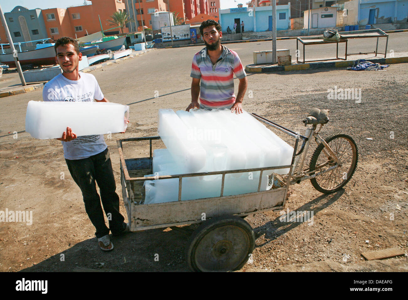 Due uomini che assumono i blocchi di ghiaccio per il raffreddamento per il mercato del pesce, Egitto, Hurghada Foto Stock