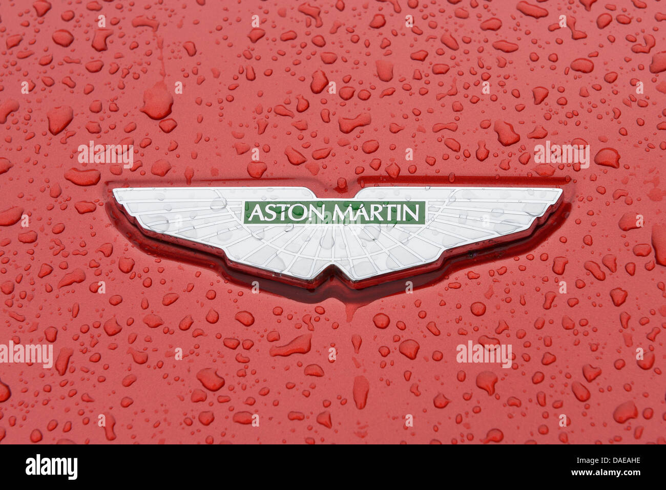 Aston Martin auto badge close up su un cofano umido Foto Stock