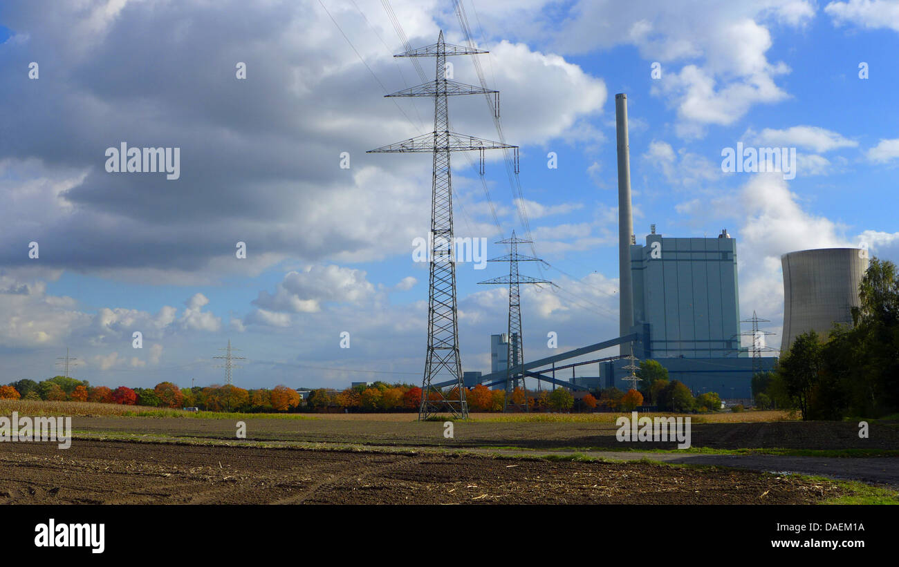 Disco centrale a carbone e linee elettriche ad alta tensione in campo paesaggio, Germania Foto Stock