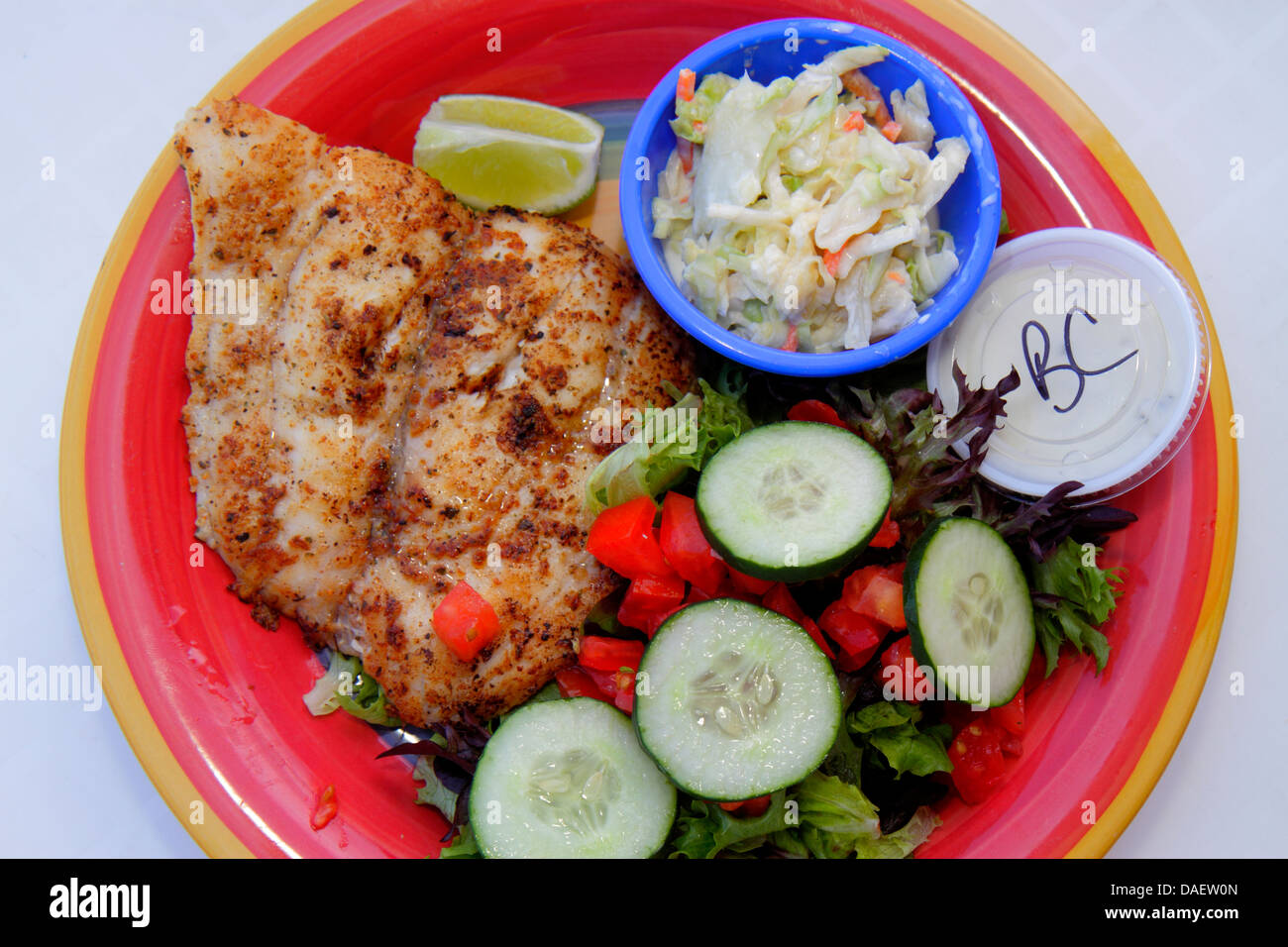 Miami Florida,Homestead,Homestead Bayfront Park,Biscayne Bay,la Playa Grill,ristorante ristoranti ristorazione cafe cafe', pesce,insalata,affettati Foto Stock