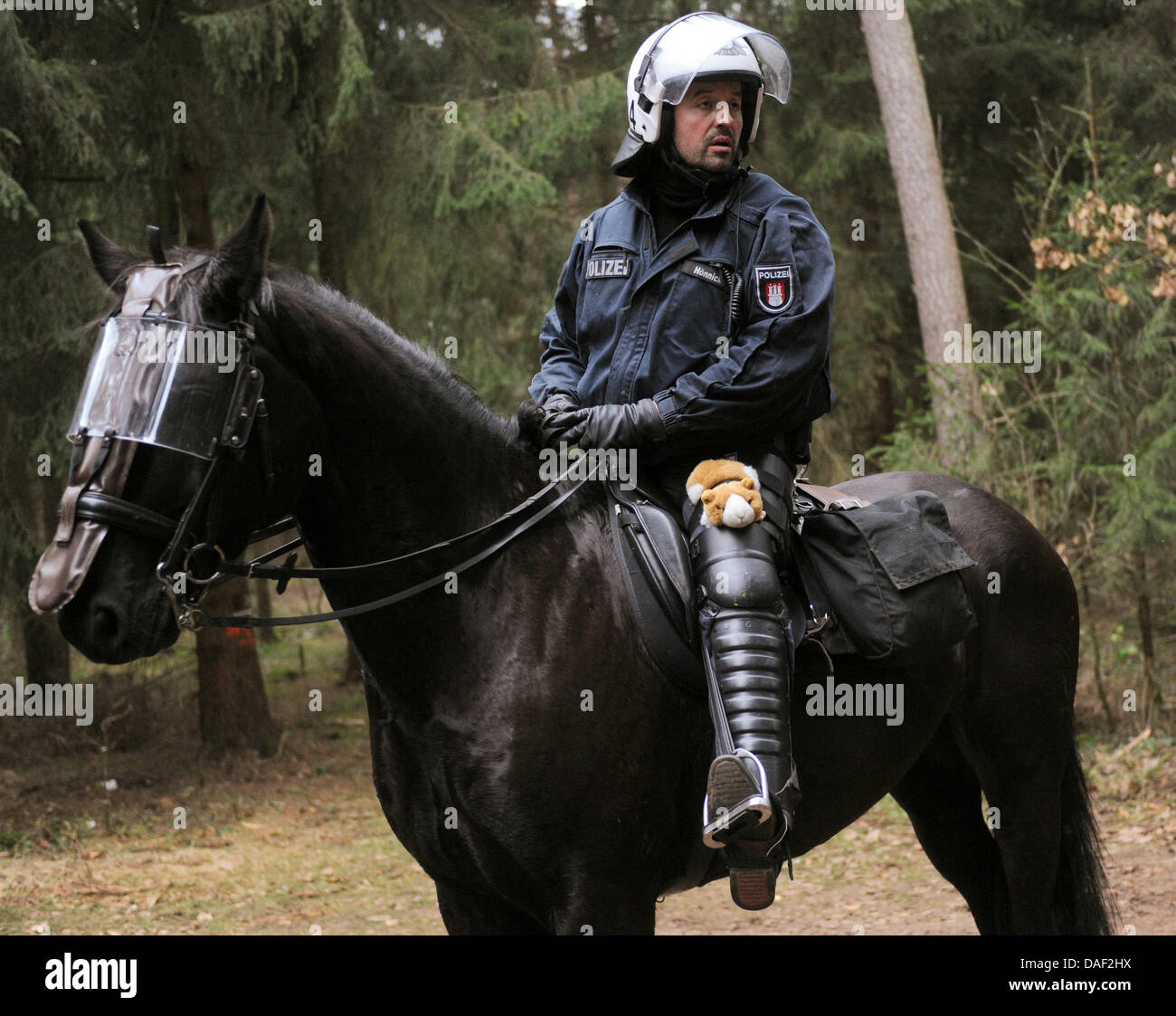 Un funzionario di polizia con la divisione di cavalleria indossa un talismano dato sua figlia prima del funzionamento vicino Leitstade, Germania, 27 novembre 2011. Il XIII trasporto Castor con i tedeschi di rifiuti nucleari è previsto nel Wendland ha dall'impianto di ritrattamento in Francia questo fine settimana. Foto: JULIAN STRATENSCHULTE Foto Stock
