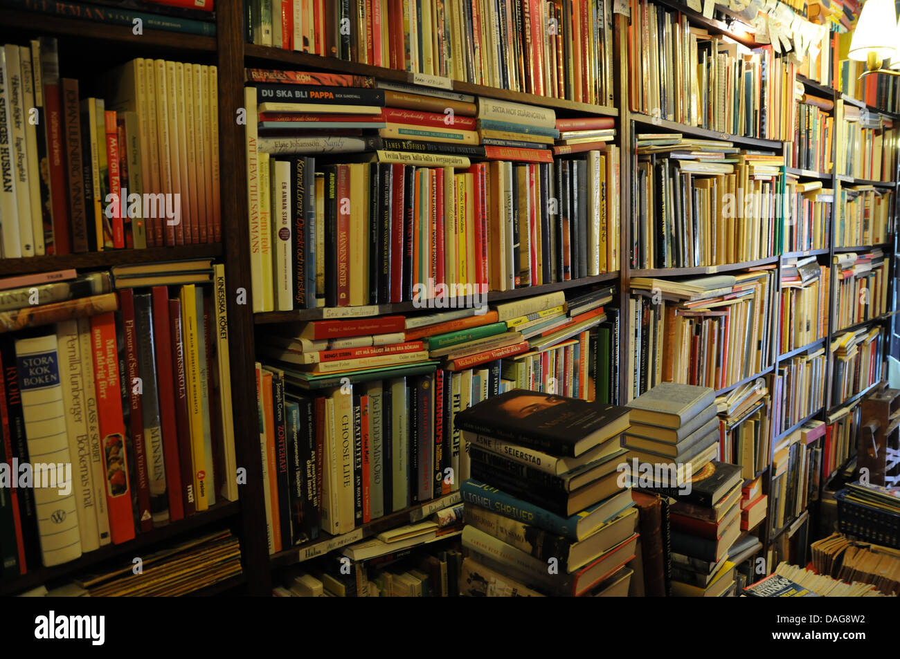 Ripiani di vecchio e di libri usati presso la relazione mondiale bookstore e memorabilia shop a Göteborg, Svezia Foto Stock