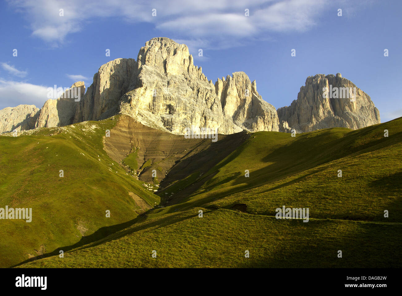 Vista da Forcla di Rodella al Gruppo del Sasso Lungo, Grohmannspitze, Fuenffingerspitze, Sassolungo nella luce del mattino, Italia, Dolomiti Foto Stock