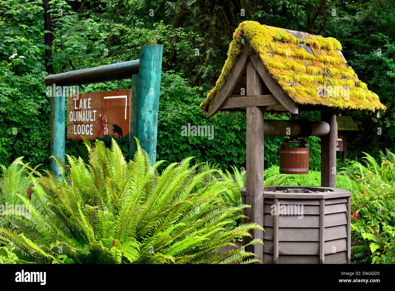 Segno di Lake Quinault Lodge. Il Parco nazionale di Olympic, Washington, Stati Uniti d'America. Foto Stock