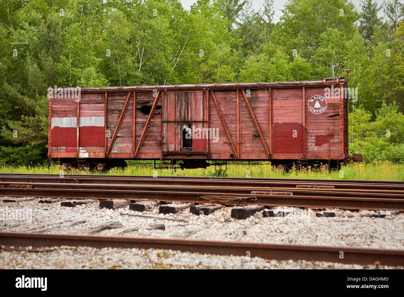 Una ferrovia abbandonata auto del Maine Centrale Compagnia ferroviaria è visto alla Bartlett Roundhouse di Bartlett, New Hampshire Foto Stock