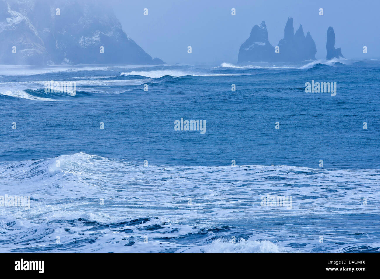 Reynisdrangar rock aghi in corrispondenza della costa, Islanda, Dyrholaey Foto Stock