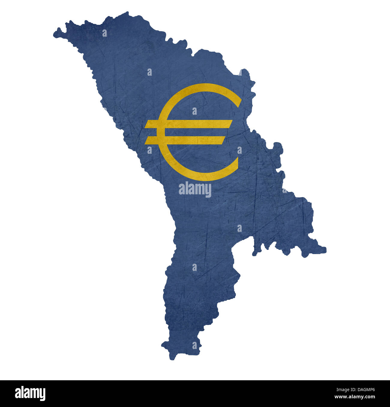 Valuta Europea simbolo sulla mappa di Moldova isolati su sfondo bianco. Foto Stock