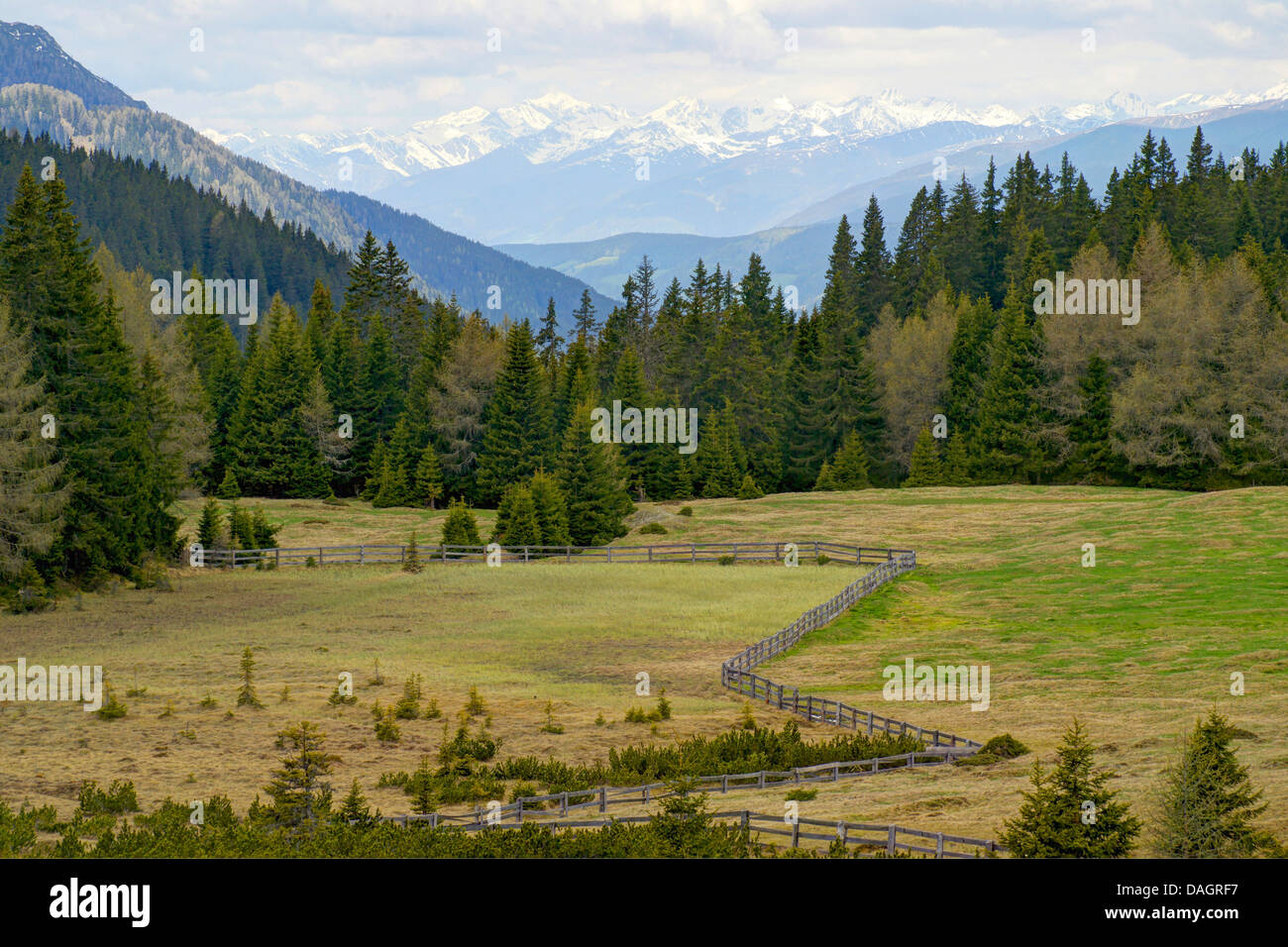 Vista da Kreuzbergpass alla catena principale delle Alpi e Vedrette di Ries, Italia, Alto Adige, Karnische Alpen Foto Stock