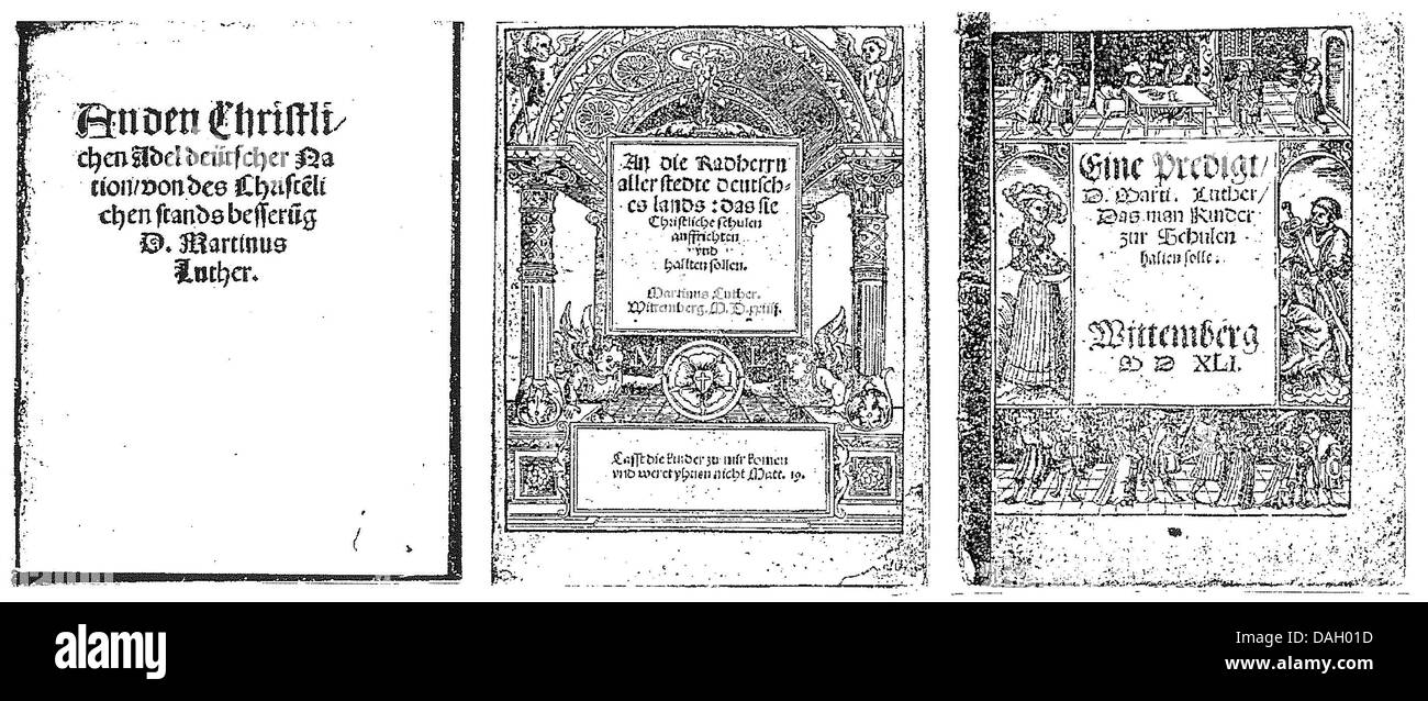 (HANDOUT) datata handout composito mostra fotografica di volantini di riformatore Martin Lutero (L-R) 'An den Christlichen Adel deutscher Nation' ('al cristiano nobili della nazione tedesca") (1520), 'an die Radherrn aller stedte' ('ai consiglieri di tutte le città ") (1524) e un sermone di mandare i bambini a scuola (1530) dall'Luther-Haus a Eisenach, Germania. Il 12 luglio 2013 preziosi documenti sono stati rubati dal vitrines del museo secondo la polizia. Foto: LANDESPOLIZEIINSPEKTION GOTHA (attenzione: nessun pagamento - per solo uso editoriale nel contesto con la copertura di attualità e con complet Foto Stock