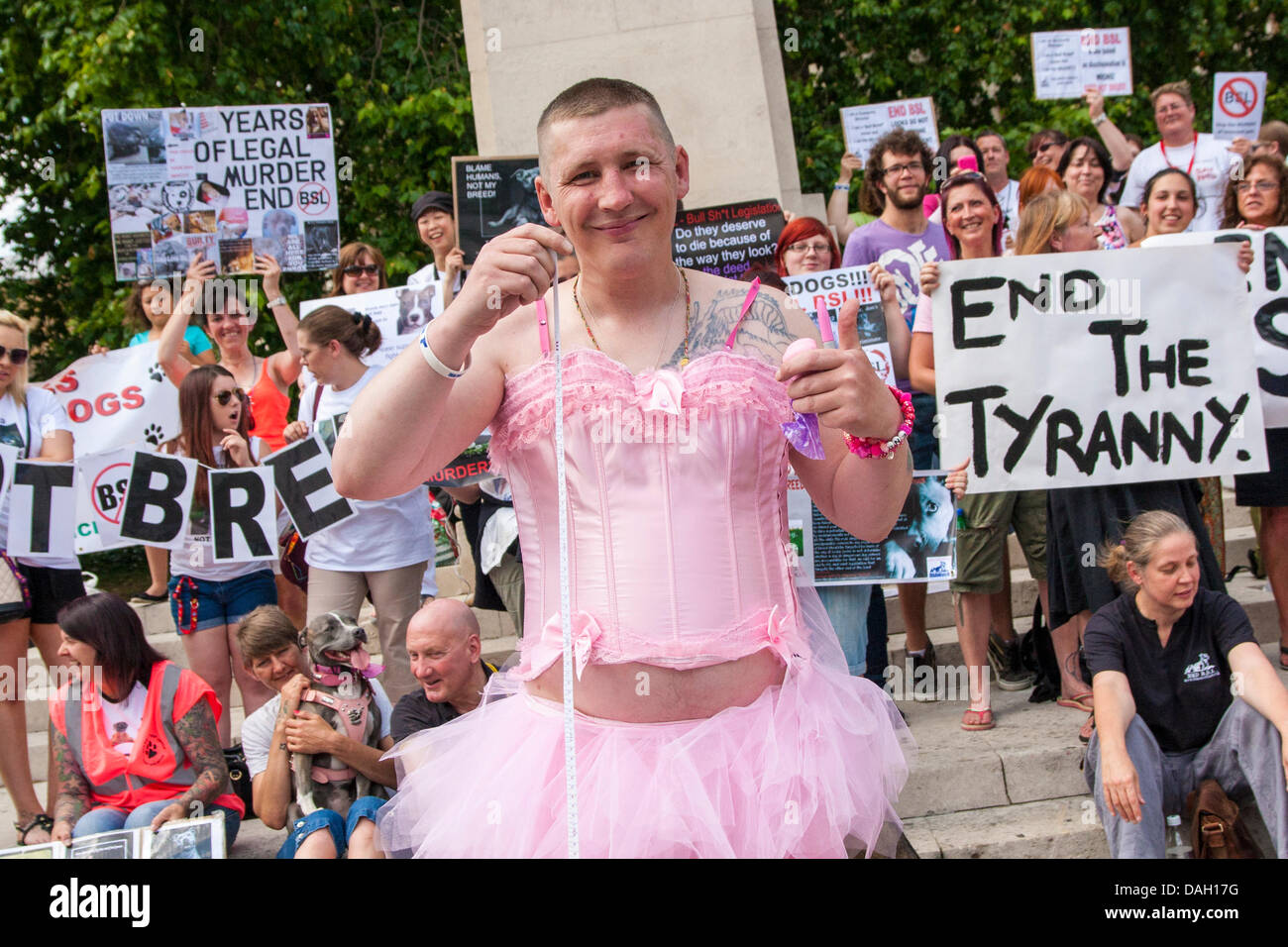 Londra, Regno Unito. 13 luglio 2013. La Fata cane madre pone nel suo tutu con un nastro di misurazione durante una manifestazione di protesta contro la razza una legislazione specifica per i cosiddetti cani pericolosi. I cani possono essere definiti come pericolosi sulla base di alcune misure. Credito: Paolo Davey/Alamy Live News Foto Stock