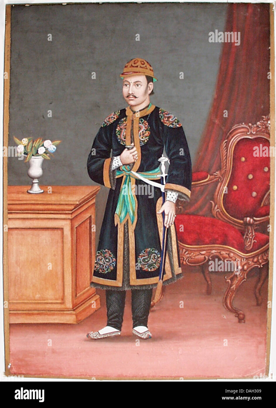 Questo dipinto raffigura un funzionario nepalese, forse il primo ministro Bhimsen Thapa, una figura chiave nella storia nepalese che servì dal 1806 al 1837. Il ritratto mostra l'abbigliamento tradizionale nepalese e il contesto culturale dell'epoca. Questo lavoro fa parte della collezione di LACMA. Foto Stock