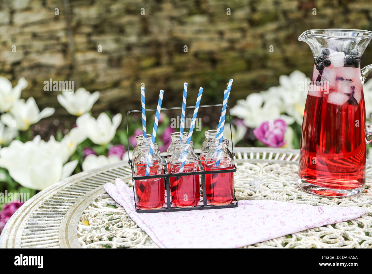 Bevanda estiva di freddo rosso sapore di frutta Succhi di frutta è servita al di fuori su una tavola riccamente ornati - profondità di campo Foto Stock
