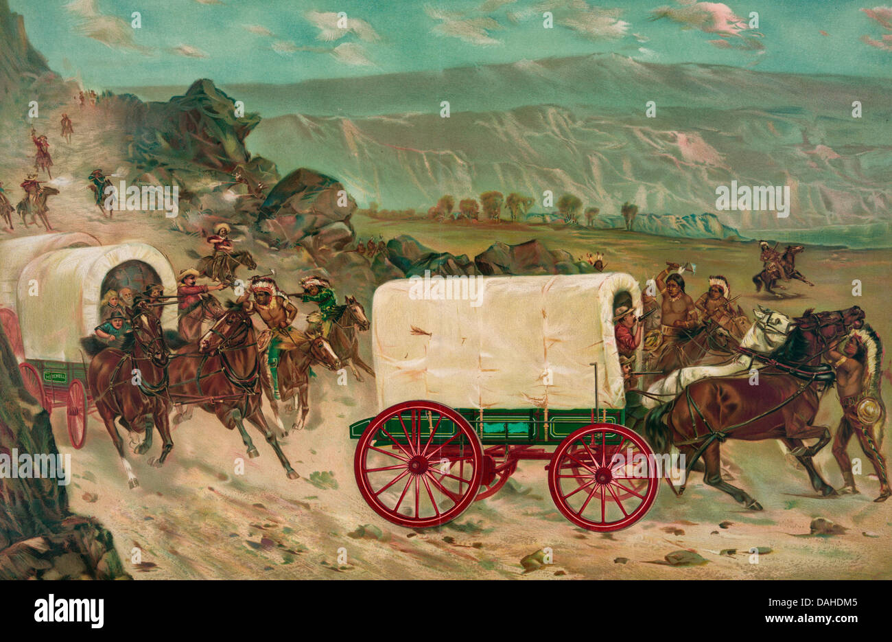 Vagone treno essendo attaccato dagli indiani nel West Americano, circa 1850 Foto Stock