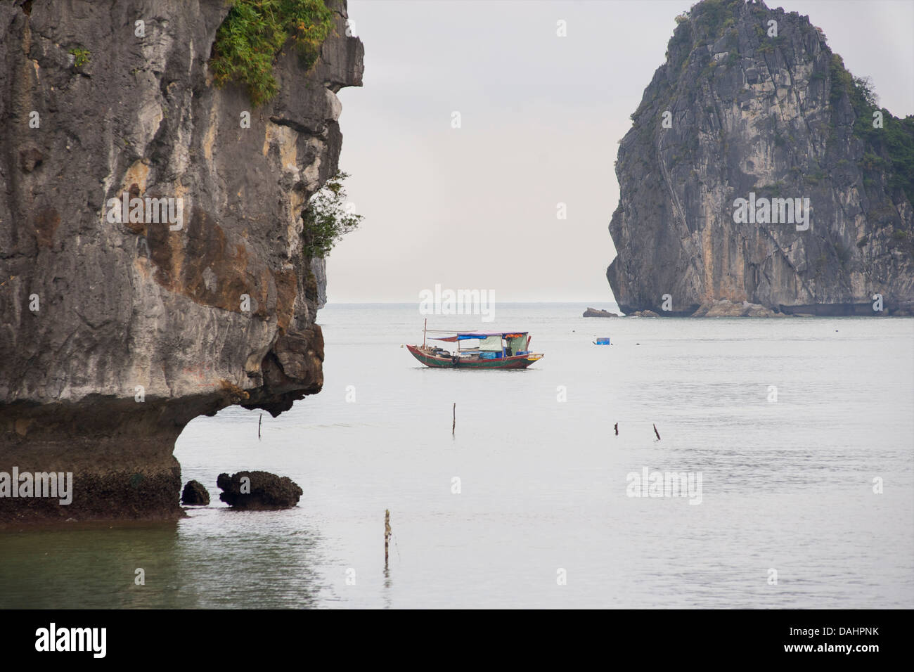 Vietnamita di piccole barche da pesca tra la baia di Halong e 'Cat Ba' isola, Vietnam Foto Stock