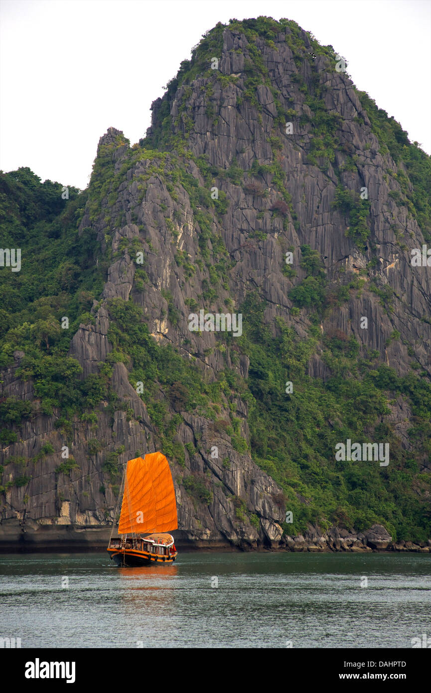 Halong Bay, Vietnam. Uomo vietnamita la pesca dalla barca e uno stile tradizionale "junk" Foto Stock