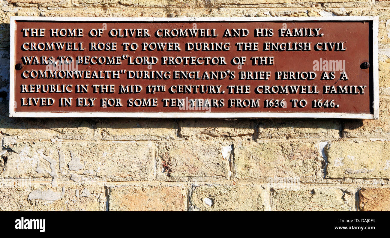 Ely, Oliver Cromwell's House, informazioni di placca, Cromwell Foto Stock