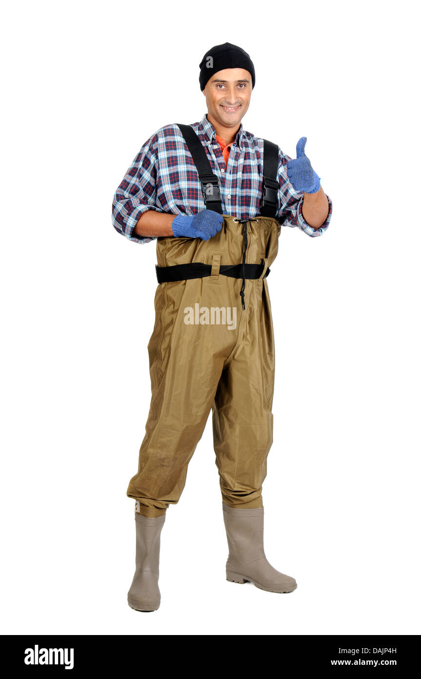 Fisherman isolato in bianco Foto Stock