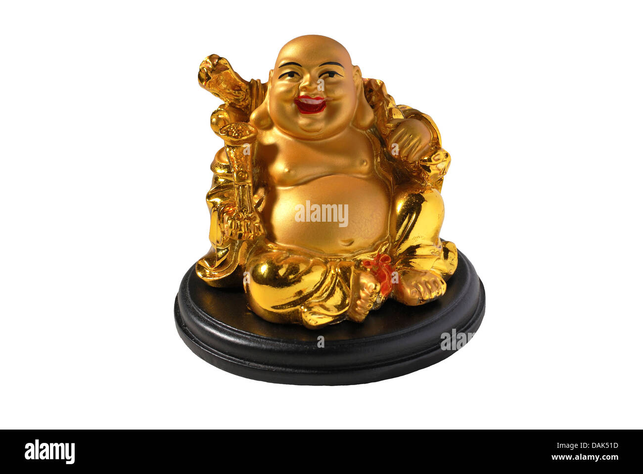 A buon mercato cinese modello in plastica di un Buddha d'oro. Tagliare su sfondo bianco Foto Stock
