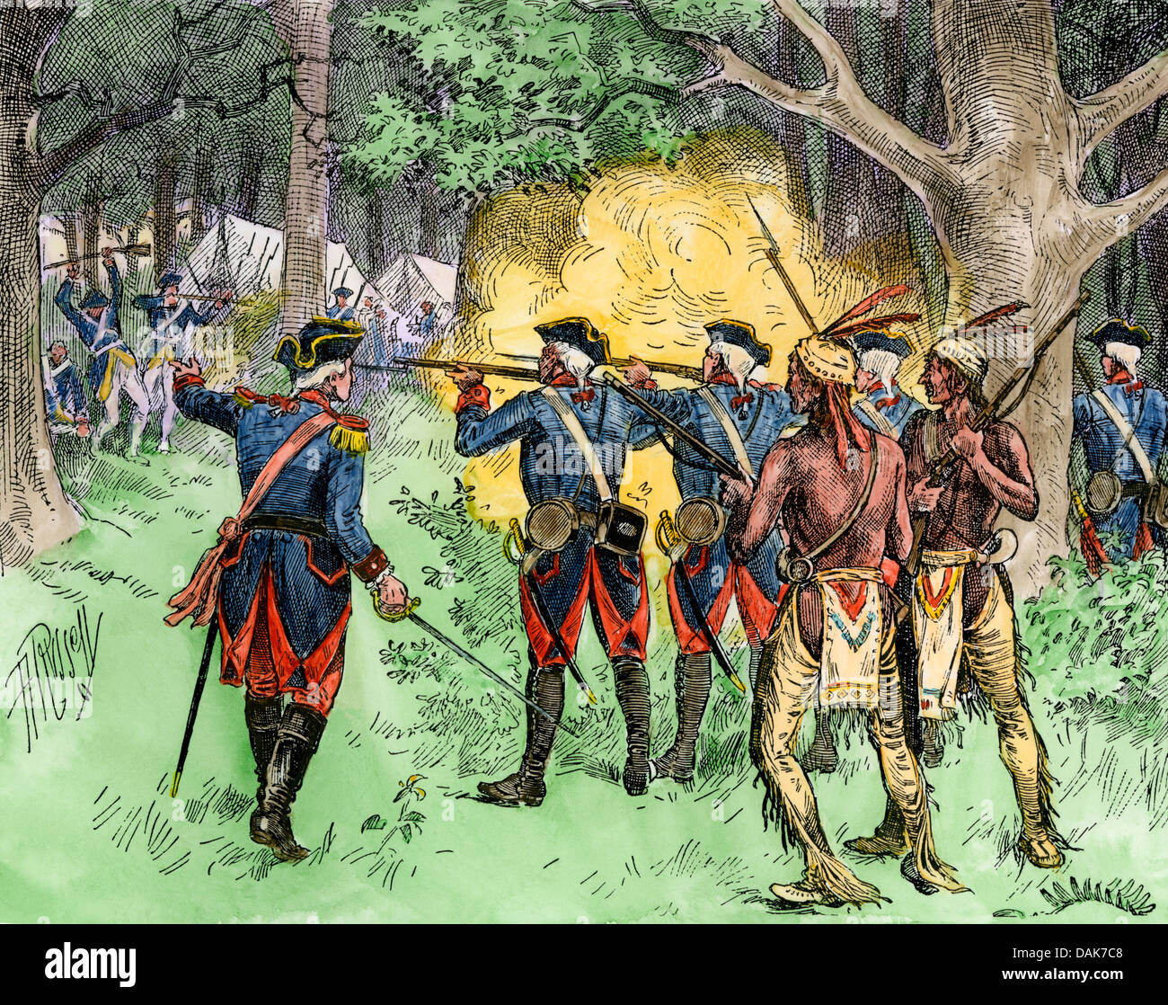 Accampamento francese attaccato da George Washington da Fort necessità, la guerra di indiano e francese, 1854. Colorate a mano la xilografia Foto Stock