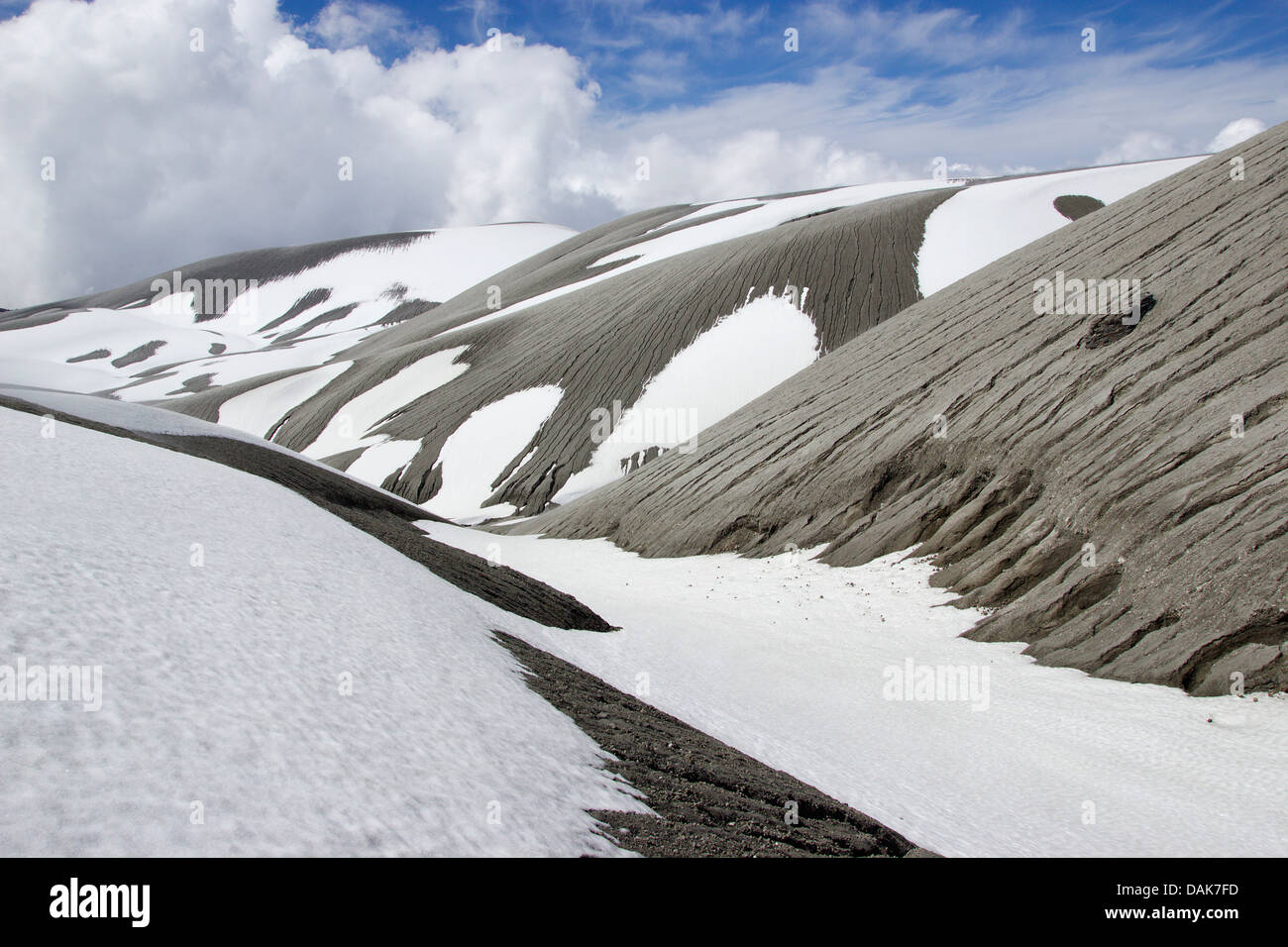 Neve e ceneri vulcaniche a Cordon Caulle, Puyehue, Cile, Patagonia Foto Stock