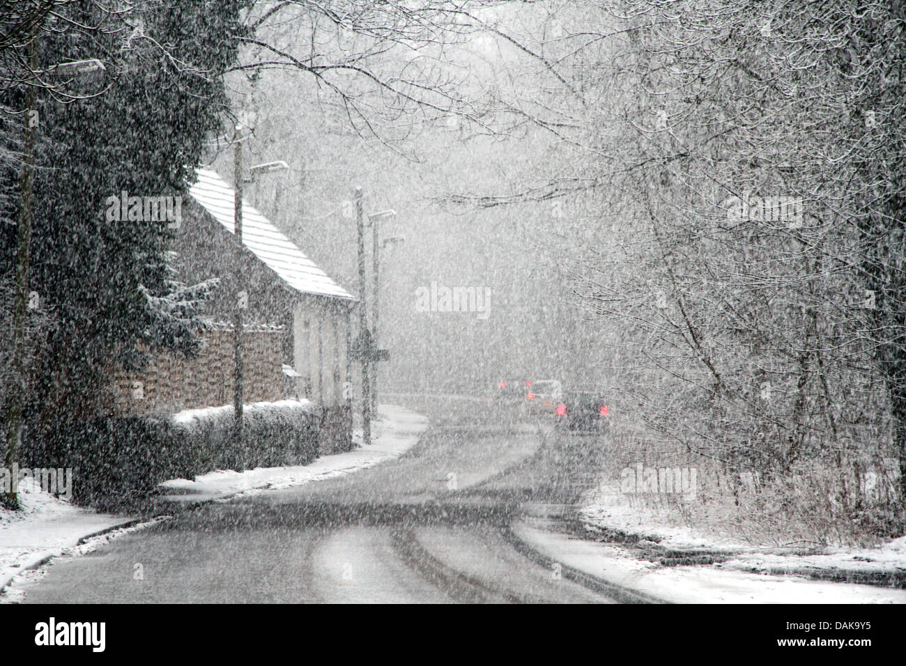 Strada in nevicata, Germania Foto Stock