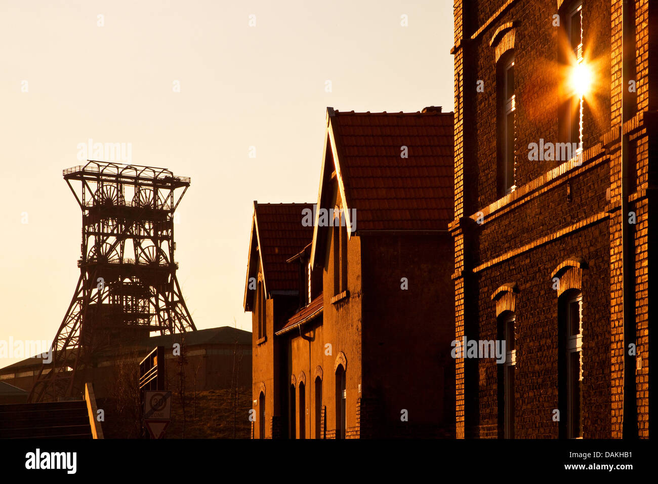 Distretto di minatori e la torre di albero della miniera di carbone di consolidamento nel sole serale in Bismark, in Germania, in Renania settentrionale-Vestfalia, la zona della Ruhr, Gelsenkirchen Foto Stock