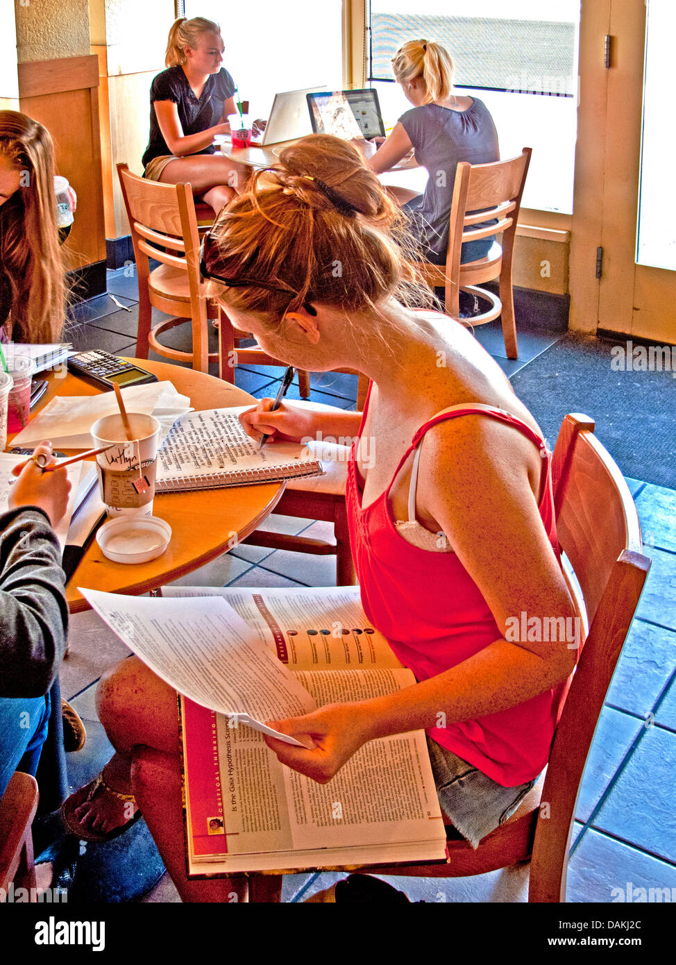 Alta scuola ragazze recuperare i loro compiti a Santa Barbara, CA, coffee shop. Foto Stock