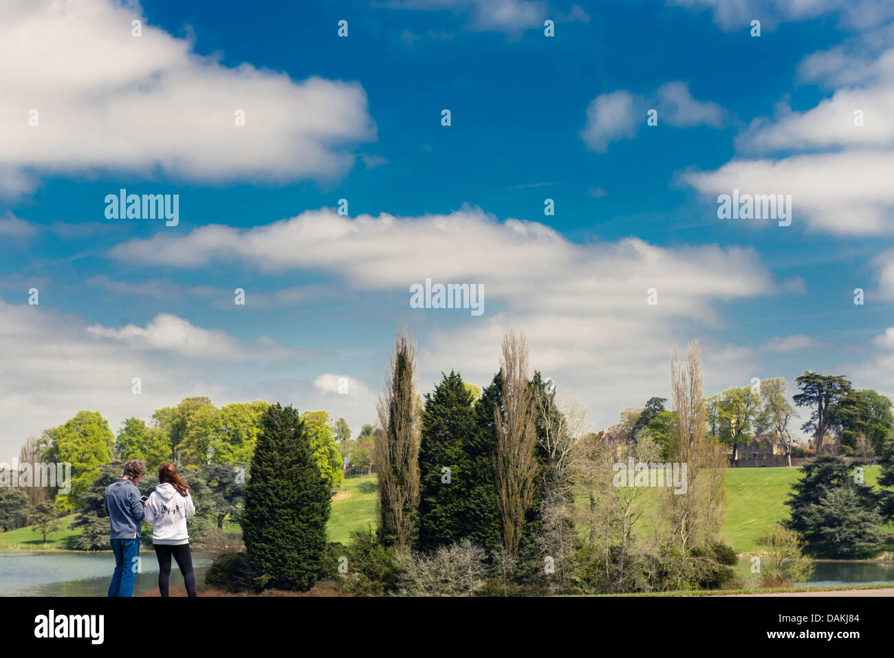 Un giovane ammirando la vista nel Palazzo di Blenheim gardens, Woodstock, Oxfordshire, Regno Unito Foto Stock