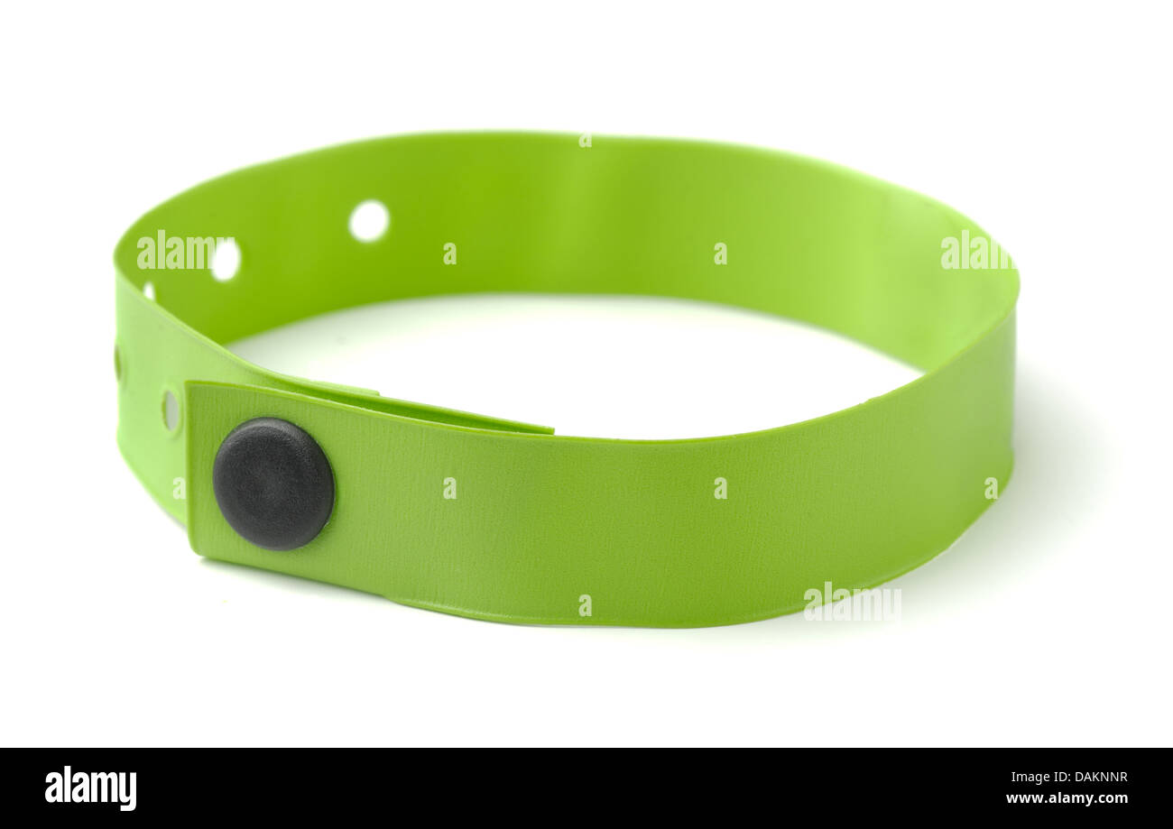 Plastica verde braccialetto ID per hotel o ospedale isolato su bianco Foto Stock
