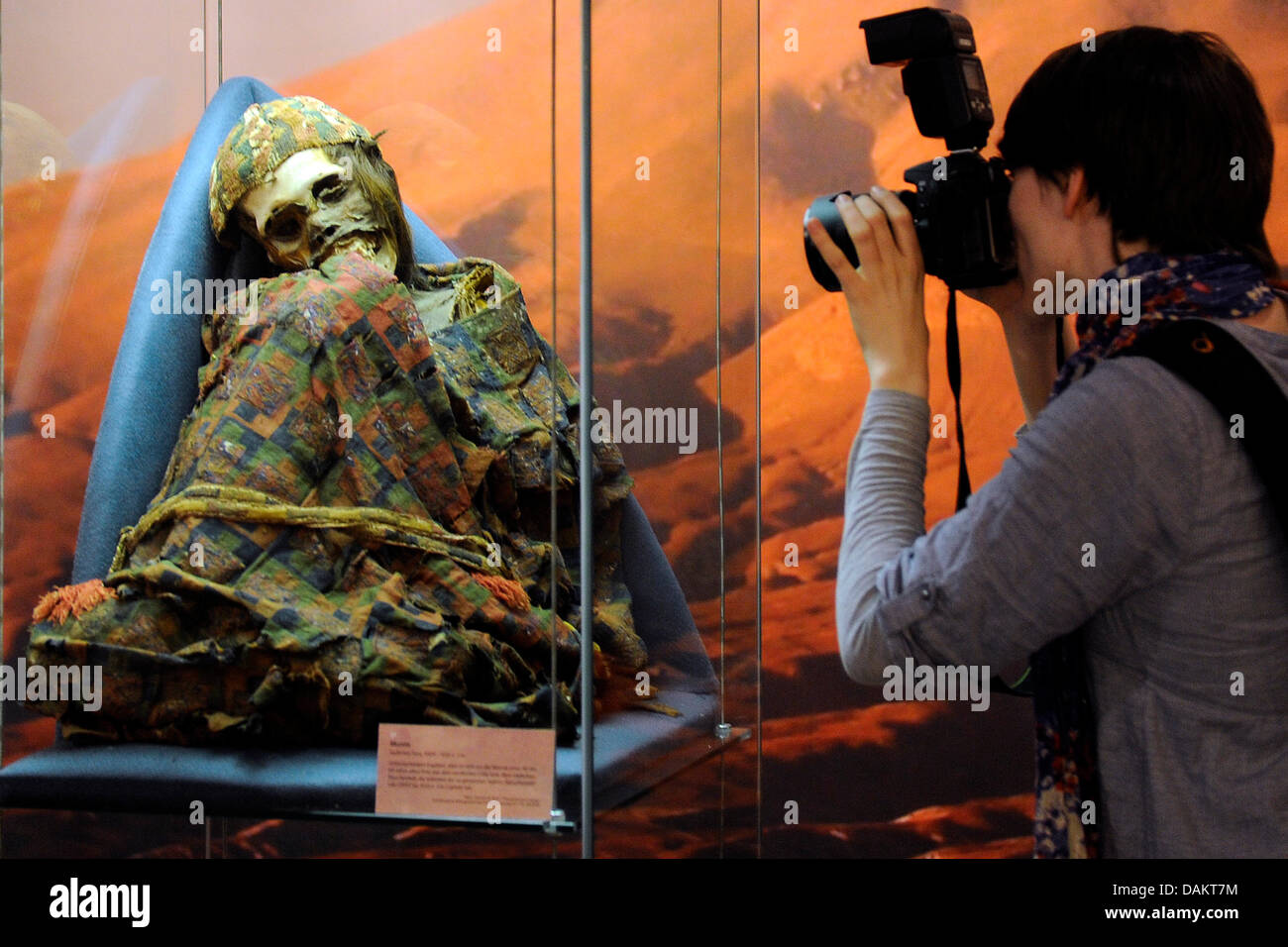 Un giornalista prende una foto di una mummia dal Cile settentrionale che è parte della mostra "Tesori delle Ande - Cile del rame per il mondo" presso il Museo Minerario di Bochum, Germania, 05 maggio 2011. Dal 08 maggio 2011 fino al 19 febbraio 2012 il museo ospita la mostra evidenziando minerario cileno. Foto: MARIUS BECKER Foto Stock