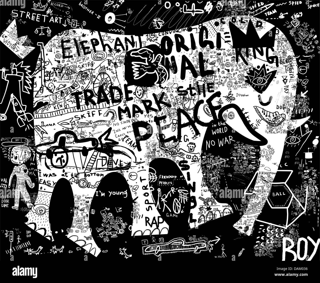 Silhouette di un elefante, che comprende una pluralità di simboli Foto Stock