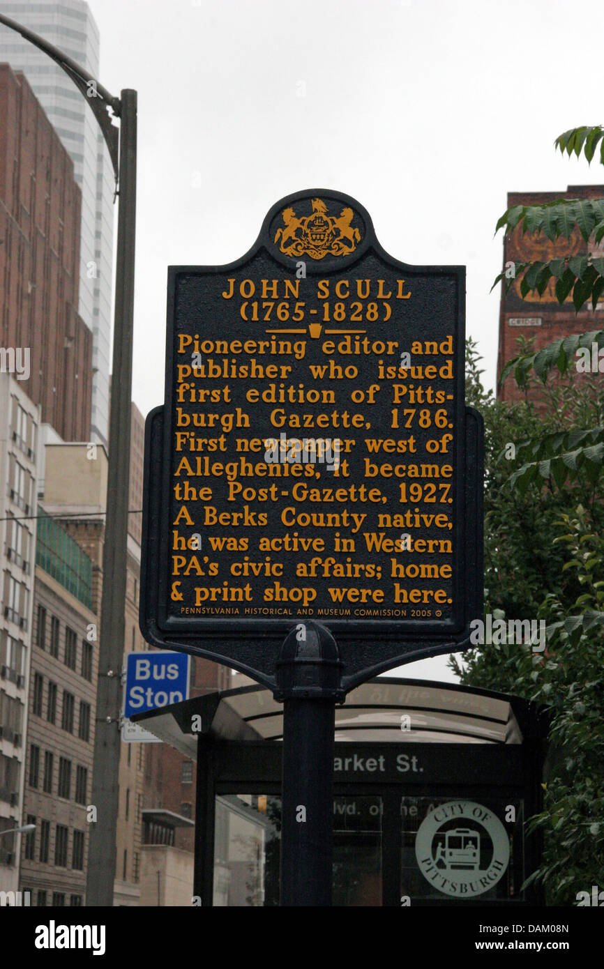 JOHN SCULL (1765-1828) pionieristico di editor e publisher che hanno rilasciato la prima edizione di Pittsburgh Gazette, 1786. Primo giornale a ovest di Alleghenies divenne Post-Gazette, 1927. Un Berks County native, fu attivo in Pensilvania occidentale la civica, home e print shop sono stati qui. In Pennsylvania Historical and Museum Commission, 2005 Foto Stock