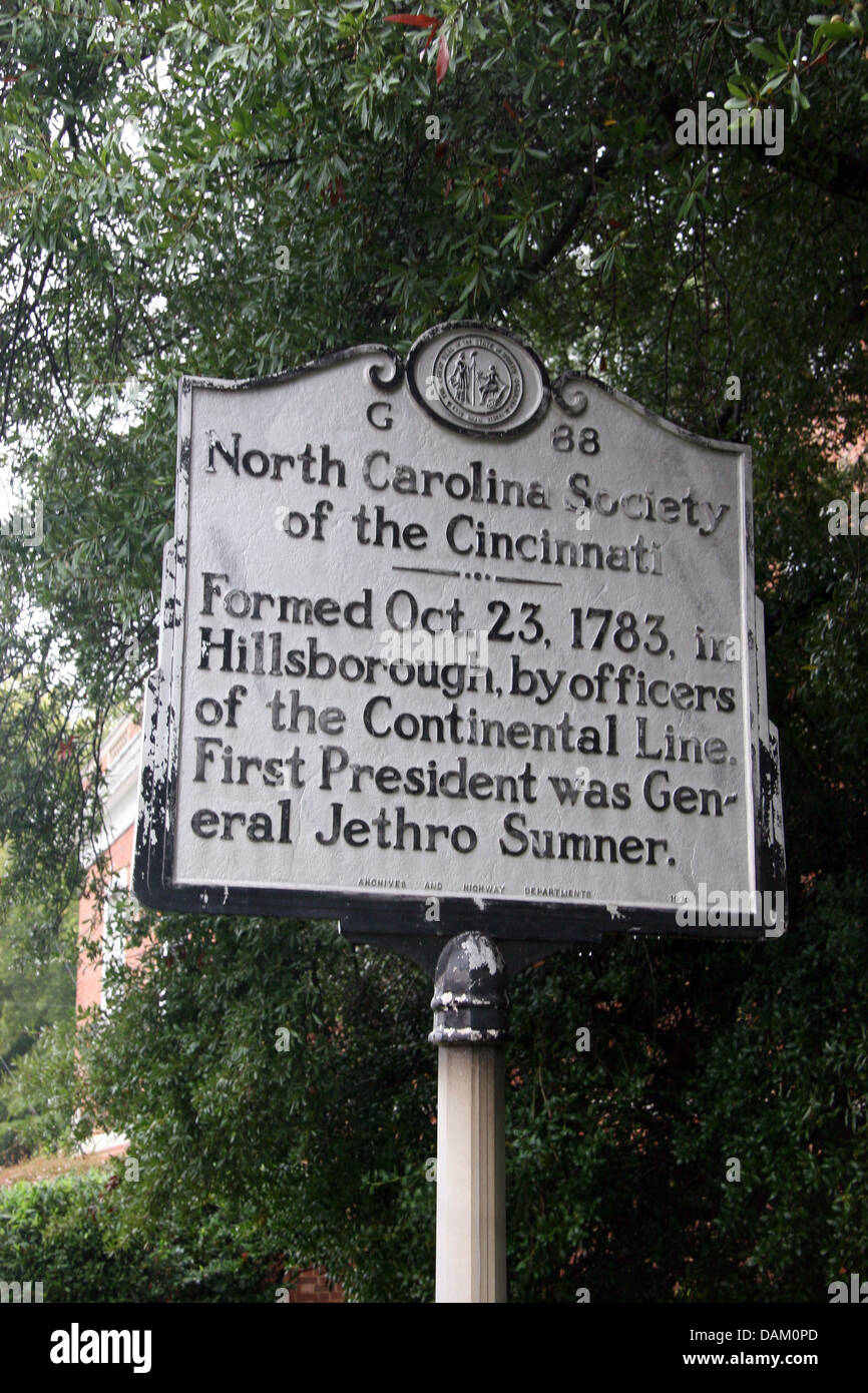 CAROLINA DEL NORD LA SOCIETÀ DEL CINCINNATI formata ott. 23, 1783, in Hillsborough, da ufficiali della linea continentale. Primo presidente fu generale Jethro Sumner. Archivi e autostrada reparti, 1970 Foto Stock
