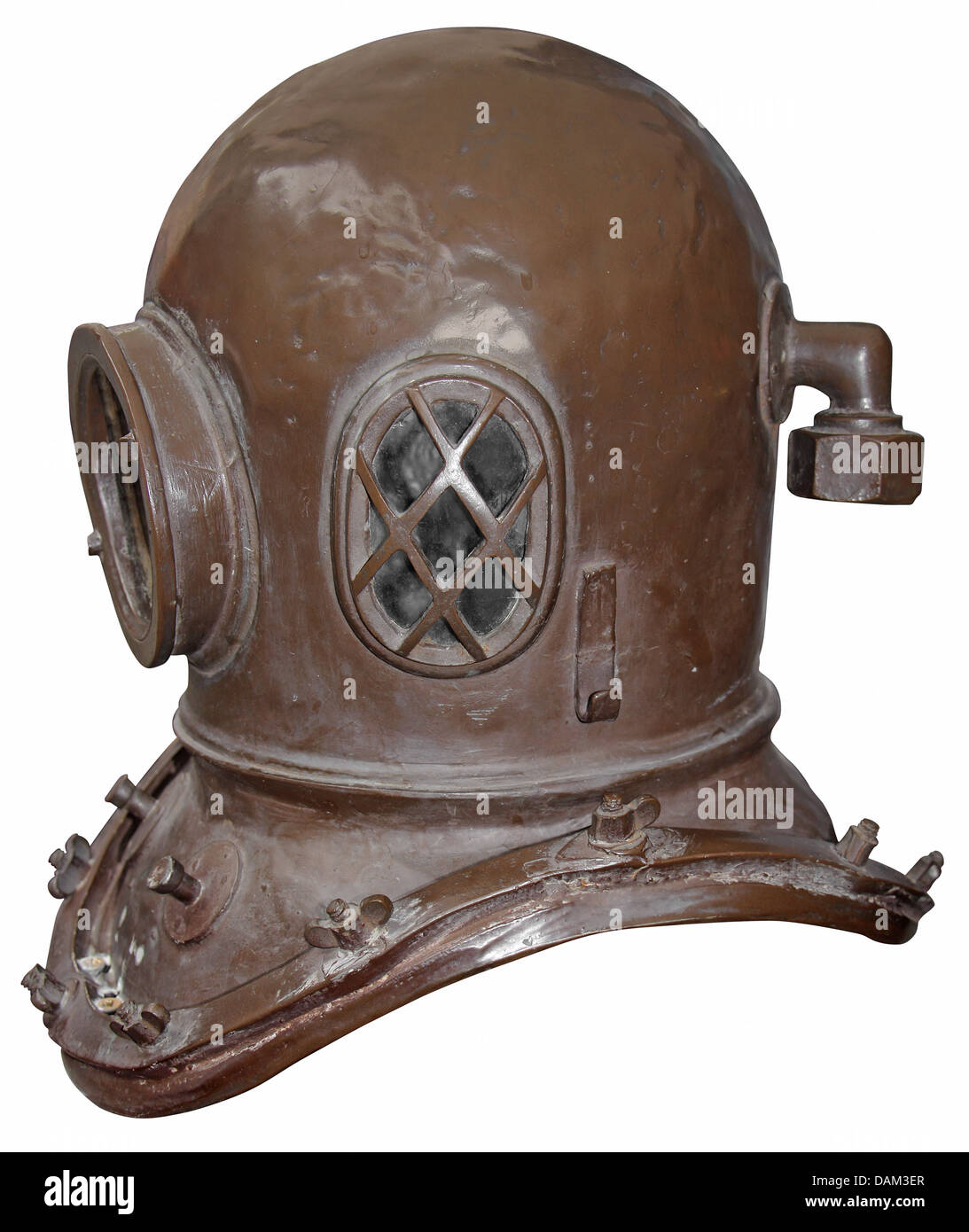 Vecchio casco diving isolati su sfondo bianco Foto Stock