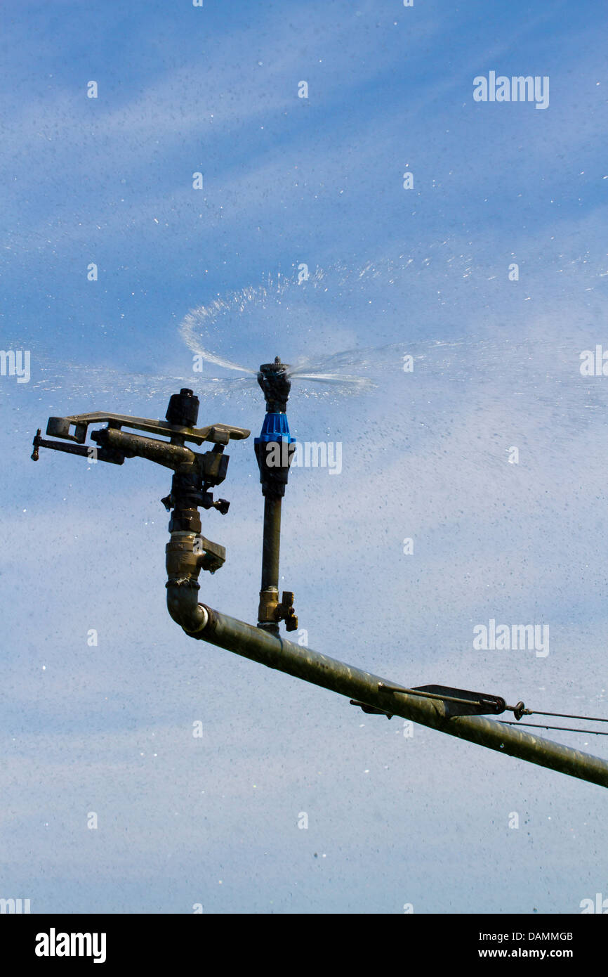 Di irrigazione a perno centrale chiamato anche acqua-ruota e cerchio irrigazione; tubi e sistemi e macchine per il giardinaggio di mercato aziende agricole a Tarleton, Regno Unito Foto Stock