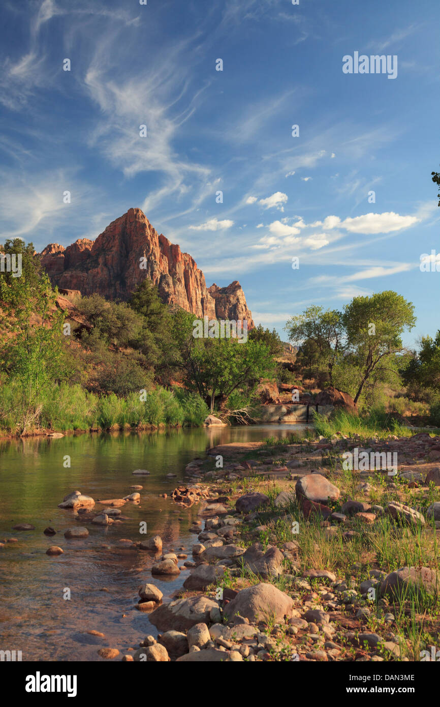 Stati Uniti d'America, Utah, Parco Nazionale Zion, sentinella di montagna e fiume vergine Foto Stock