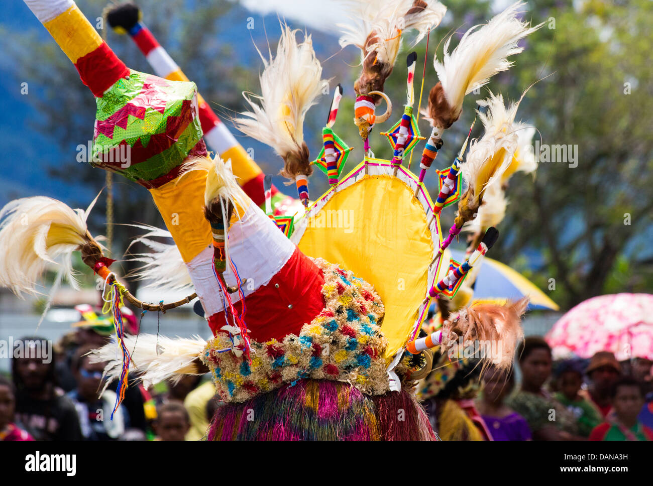 Uomo vestito in un colorato spirito ornamentali costume a Goroka Show in Papua Nuova Guinea Foto Stock