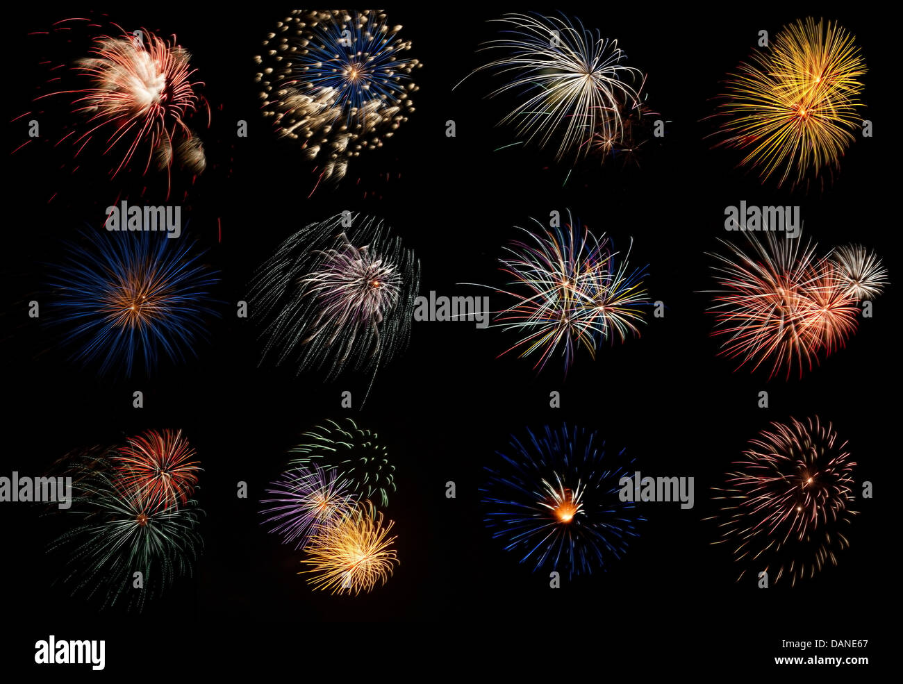 Colorato assortimento di fuochi d'artificio selezione su uno sfondo nero Foto Stock