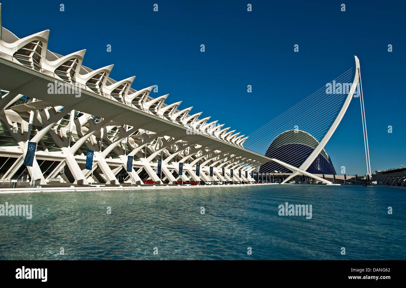 Valencia, la Città delle Arti e delle Scienze con il Principe Felipe museo della scienza a sinistra e Hemisferic ponte di sospensione e Agora. Foto Stock