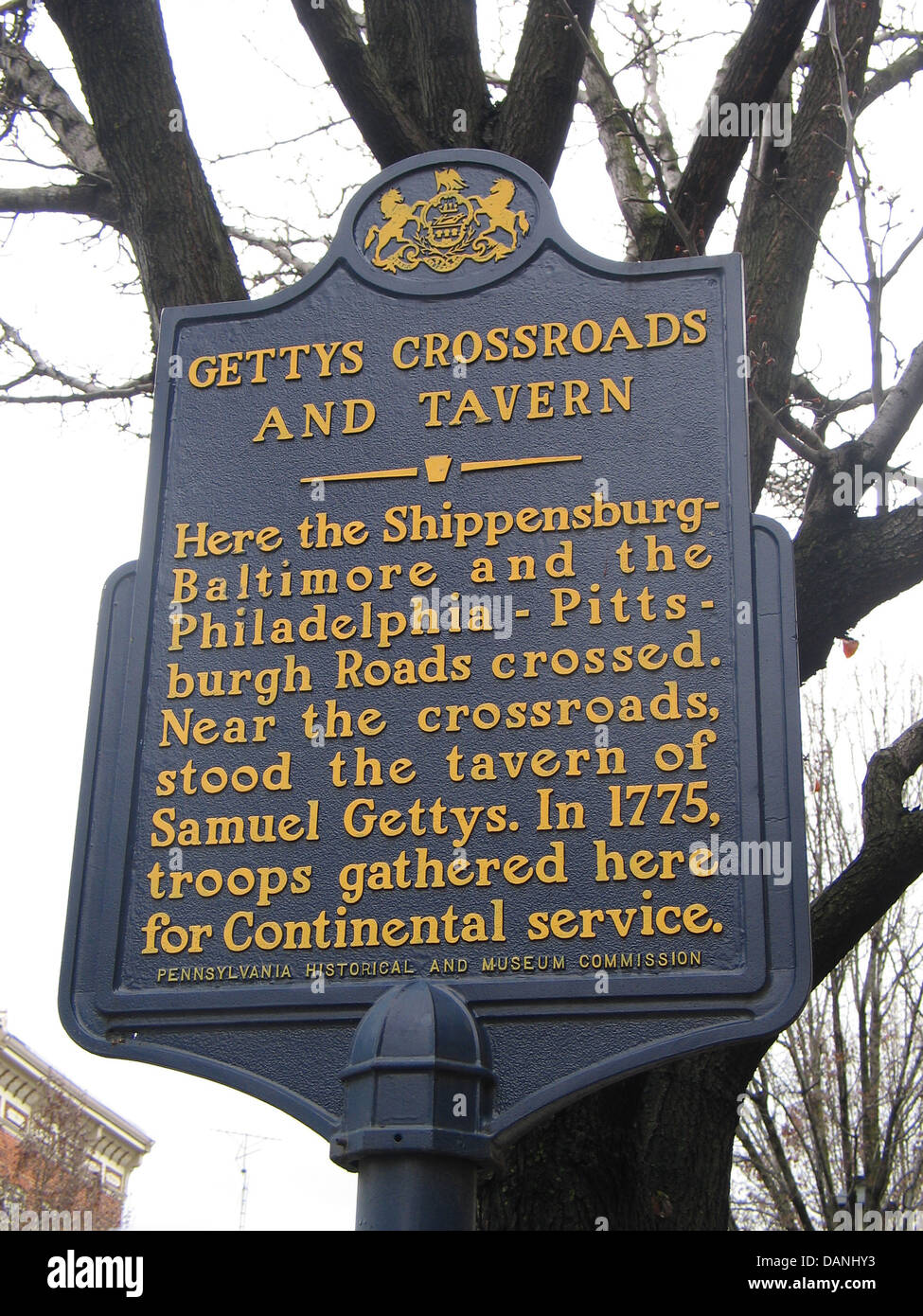 GETTYS crocevia e taverna qui il Shippensburg-Baltimore e le strade Philadelphia-Pittsburgh incrociate. In prossimità del bivio, sorgeva la taverna di Samuel Gettys. Nel 1775, le truppe qui riuniti per servizio continentale. In Pennsylvania Historical and Museum Commission Foto Stock
