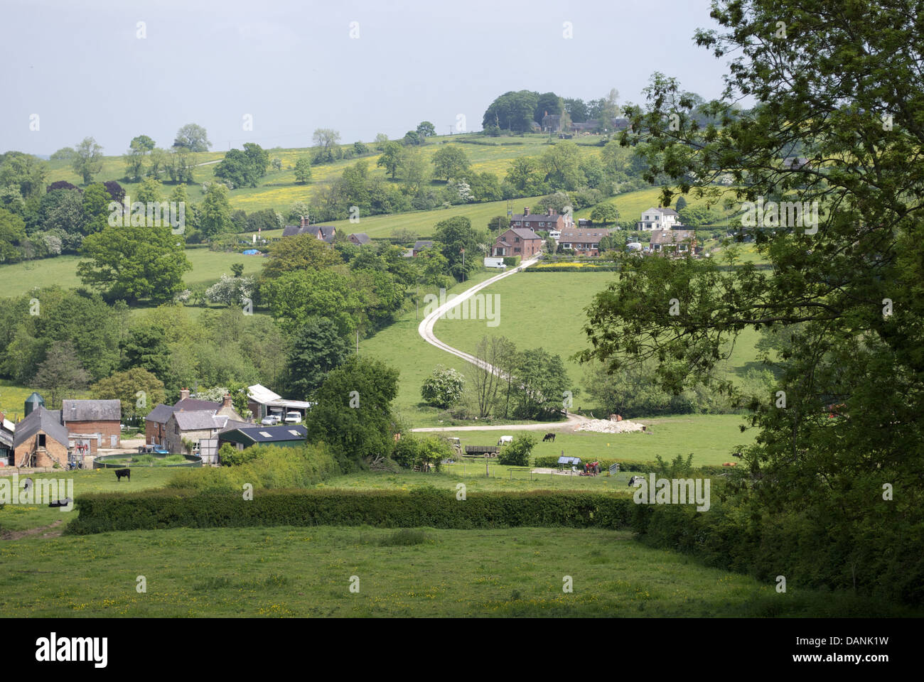 Visualizzare attraverso i campi del Peak District village Foto Stock