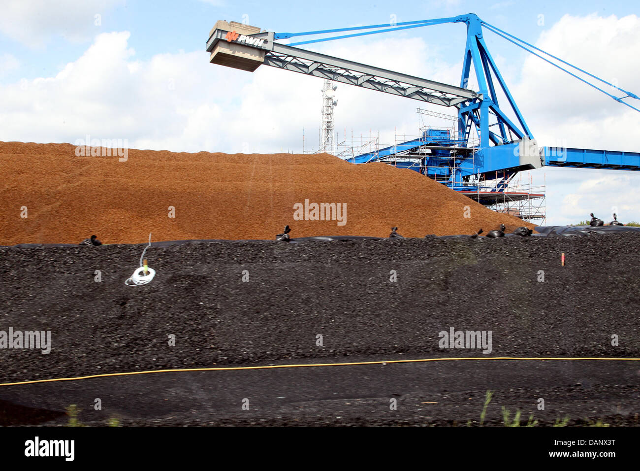 Una gru si erge tra i mucchi di carbone e di raffinata pellet di legno dalla Scandinavia all'impianto cogenerazione Reuter ad ovest di Berlino, Germania, 11 luglio 2011. Vattenfall vuole utilizzare i materiali appositamente trattati per esso la biomassa la strategia di alimentazione nella capitale tedesca e secondo l'azienda, è il più grande tentativo di uso di legno come un combustibile su scala industriale. Foto: Wol Foto Stock