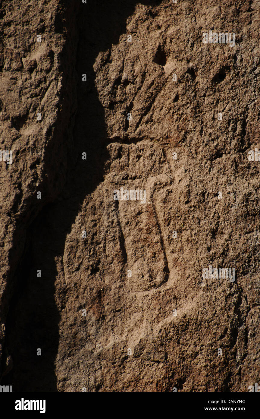 Stati Uniti. Bandelier National Monument. Cultura Anasazi, ancestrals Indiani Pueblo. Petroglyph. Nuovo Messico. Foto Stock