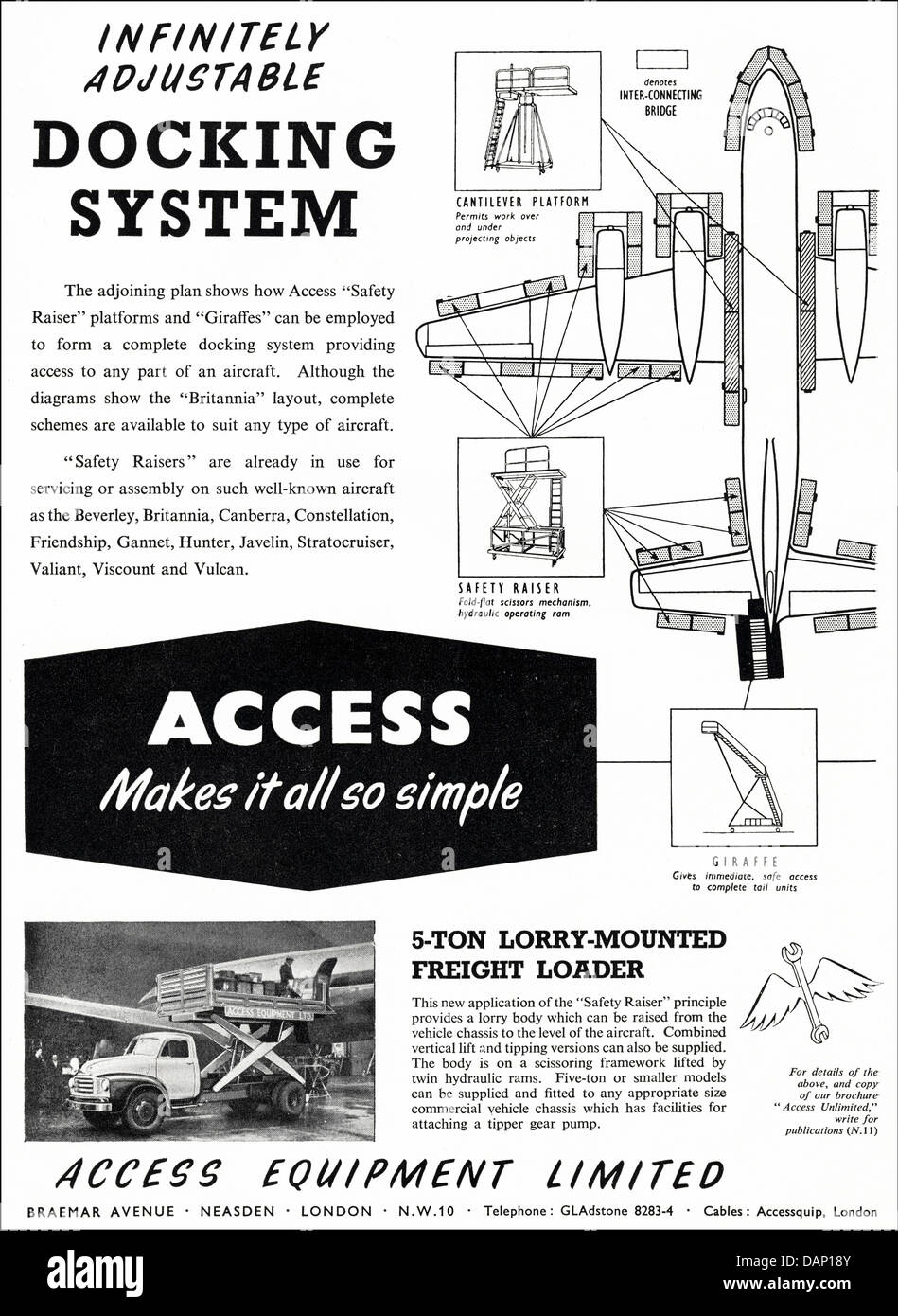 Annuncio per gli aeromobili attrezzature di accesso mediante attrezzature di Accesso Limitato Neasden Londra Inghilterra REGNO UNITO fornitori per il settore aeronautico annuncio nella rivista di settore circa 1955 Foto Stock