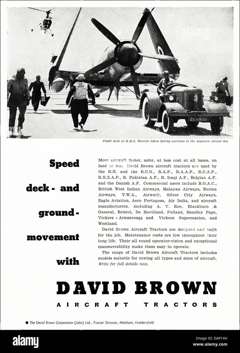 Annuncio per gli aeromobili da trattori David Brown Corporation Meltham Huddersfield Inghilterra fornitori del Regno Unito per il settore aeronautico annuncio nella rivista di settore circa 1955 Foto Stock