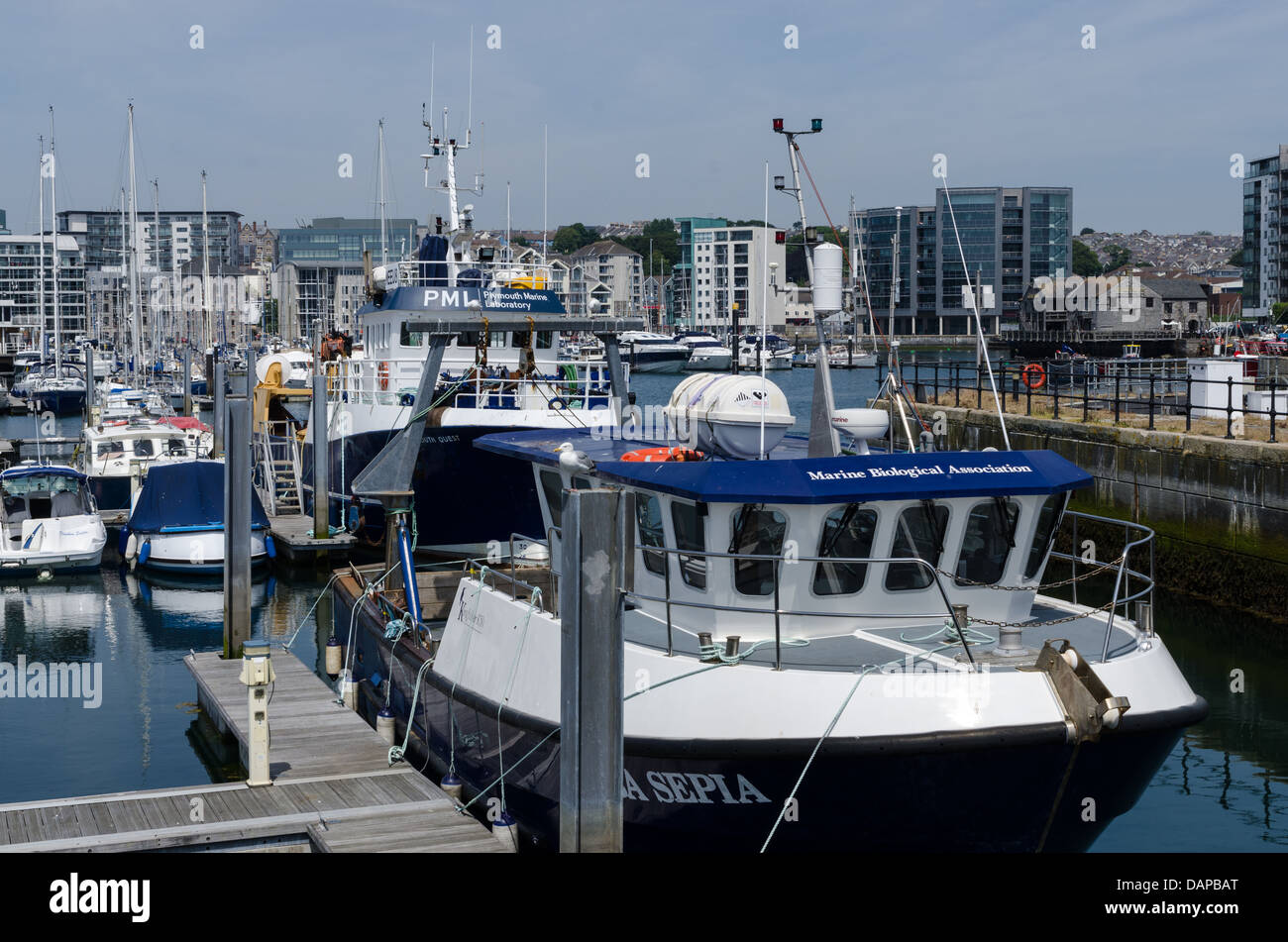 Marine associazione biologica barca ormeggiata nel porto di Sutton,  Plymouth Foto stock - Alamy